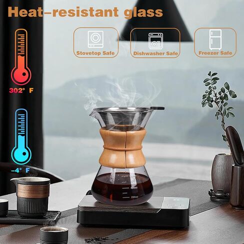 Pour Over Coffee Maker with Reusable Stainless Steel Drip Filter, Lead-Free Borosilicate Glass Coffee Carafe with Modern Wooden Collar for 1-2Cup, Circular Clear (400ml/13.5oz) in Saudi Arabia