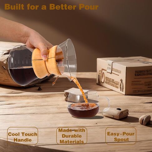 Pour Over Coffee Maker with Reusable Stainless Steel Drip Filter, Lead-Free Borosilicate Glass Coffee Carafe with Modern Wooden Collar for 1-2Cup, Circular Clear (400ml/13.5oz) in Saudi Arabia