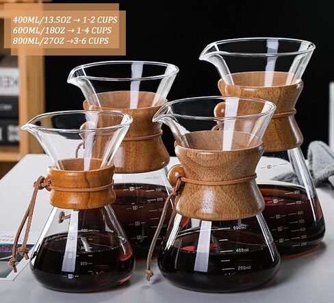 Pour Over Coffee Maker with Reusable Stainless Steel Drip Filter, Lead-Free Borosilicate Glass Coffee Carafe with Modern Wooden Collar for 1-2Cup, Circular Clear (400ml/13.5oz) in Saudi Arabia