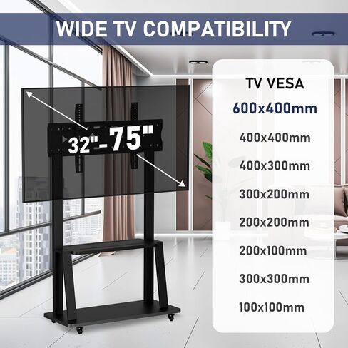 Rolling TV Stand, Mobile TV Cart with Wheels for 32-75 inch TV, Portable TV Stand with Shelf,Hight Adjustable,Holds up to 130LBS, Vesa 600×400 in Saudi Arabia