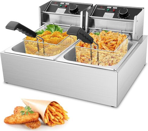 Commercial Deep Fryer, 3400W Electric Deep Fryers with 2x6.35QT Baskets | 0.8mm Thickened Stainless Steel Countertop Oil Fryer 20.7QT Large Capacity with Lids Temperature Controller (12L) in Kuwait