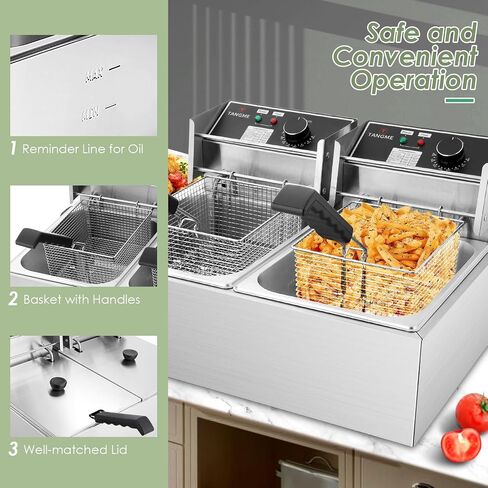 Commercial Deep Fryer, 3400W Electric Deep Fryers with 2x6.35QT Baskets | 0.8mm Thickened Stainless Steel Countertop Oil Fryer 20.7QT Large Capacity with Lids Temperature Controller (12L) in Kuwait