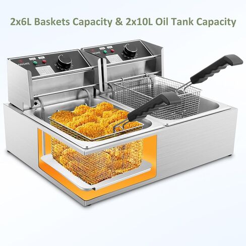 Commercial Deep Fryer, 3400W Electric Deep Fryers with 2x6.35QT Baskets | 0.8mm Thickened Stainless Steel Countertop Oil Fryer 20.7QT Large Capacity with Lids Temperature Controller (12L) in Kuwait