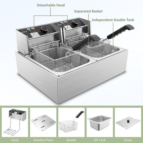 Commercial Deep Fryer, 3400W Electric Deep Fryers with 2x6.35QT Baskets | 0.8mm Thickened Stainless Steel Countertop Oil Fryer 20.7QT Large Capacity with Lids Temperature Controller (12L) in Kuwait