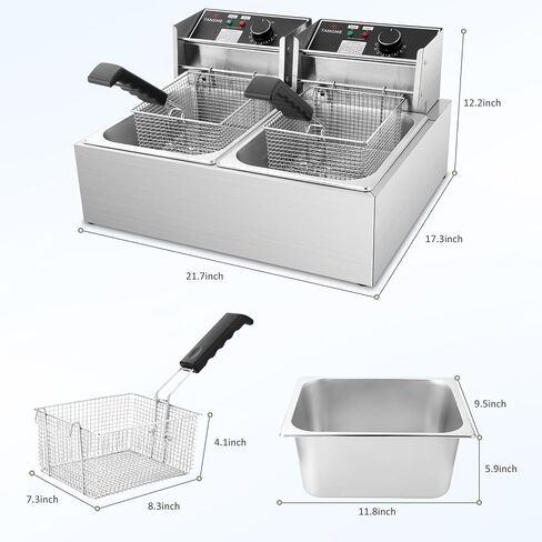 Commercial Deep Fryer, 3400W Electric Deep Fryers with 2x6.35QT Baskets | 0.8mm Thickened Stainless Steel Countertop Oil Fryer 20.7QT Large Capacity with Lids Temperature Controller (12L) in Kuwait
