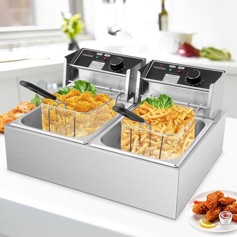 Commercial Deep Fryer, 3400W Electric Deep Fryers with 2x6.35QT Baskets | 0.8mm Thickened Stainless Steel Countertop Oil Fryer 20.7QT Large Capacity with Lids Temperature Controller (12L) in Kuwait