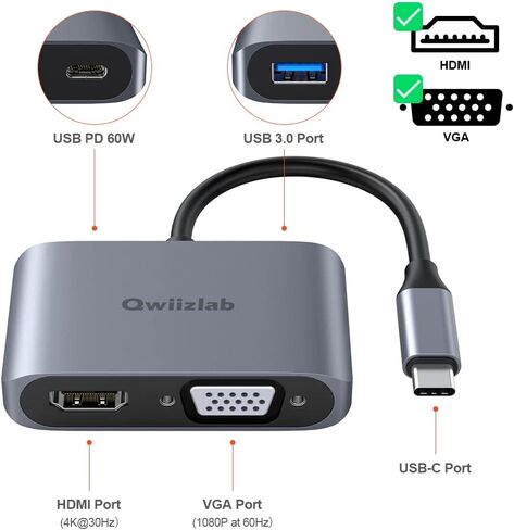 Qwiizlab USB Type-C to 4K HDMI Adapter & 1080P VGA Dongle, Power Delivery 100W, Compatible with iPhone 16/15 Pro/Max, Windows PC Laptop, MacBook Air/Pro M1/M2 in Saudi Arabia