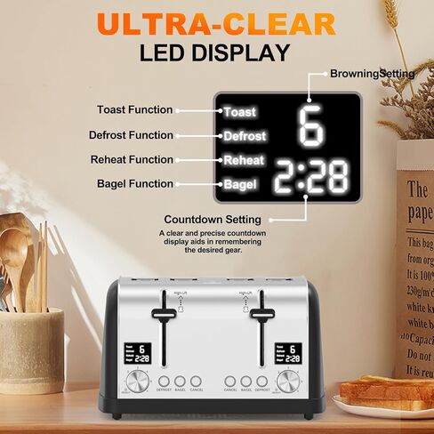 محمصة خبز 4 شرائح، شاشة LED فائقة الوضوح، لوحات تحكم مزدوجة مع إعدادات مستقلة، محمصة خبز من الفولاذ المقاوم للصدأ بفتحة واسعة للفطائر، 4 شرائح محمصة خبز مع Bagel LainstenT-5057D (أسود) in Kuwait