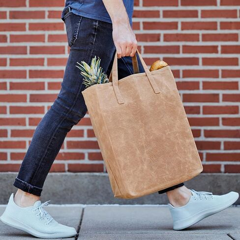World's Strongest Grocery Bag, Handmade with Certified Organic Cotton and Hand Waxed Beeswax, Foldable, Stiff Canvas Stands Up for Easy Filling, Plastic-Free, Reusable, GOTS, Large, Brown in Saudi Arabia