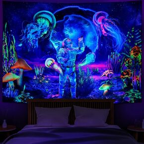 Blacklight Astronaut Tapestry UV Reactive Plants Jellyfish Neon Galaxy Space Wall Hanging for Room W59×H51