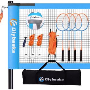 Olybeaka Outdoor Volleyball Badminton Combo Set with Net, Anti-Sagging Design, 4 Badminton Rackets, 3 Birdies and PU Volleyball for Backyard Lawn Beach