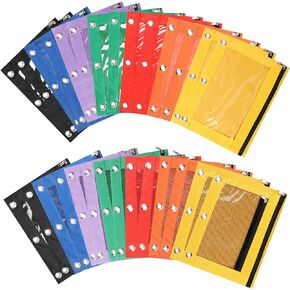 28 Pcs 3 Ring Pencil Pouch Bulk Pencil Zipper Pouches for 3 Ring Binder Pencil Bag 7 Colored 2 Styles Pencil Pouches Binder Mesh and Clear Window Zipper Pouch for Boy Girl School Writing Office