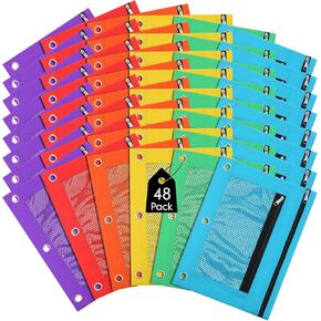 48 Pack Pencil Pouch for 3 Ring Binder Mesh Zipper Pencil Case Bags Assorted Colors Binder Pouches for School Writing Utensils Storage Supplies