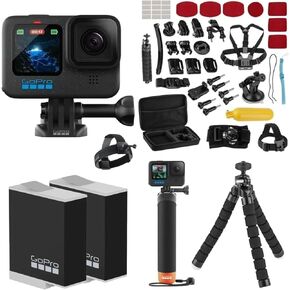 كاميرا GoPro HERO12 Black Action مع حزمة العطلات، 2X بطاريات Enduro قابلة لإعادة الشحن، حزام الرأس 2.0، مقبض Go Pro (مقبض يد عائم)، مشبك تثبيت + برغي إبهام، 40 قطعة Extreme Sport Hero 12 in Kuwait