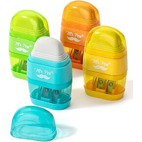 Mr. Pen- Pencil Sharpener & Eraser, 4 Pack, Colorful, 2 Sharpening Holes, Pencil Sharpeners Manual, Manual Pencil Sharpener, Pencils Sharpener, Handheld Pencil Sharpener, Small Pencil Sharpener