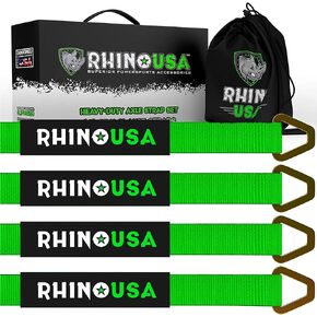 أشرطة ربط المحور من Rhino USA - تم اختبارها في المعمل بوزن 11,128 رطل. قوة الكسر - أكمام واقية شديدة التحمل وحلقات على شكل حرف D لضمان راحة البال - تستخدم لرافعة محرك السيارة والشاحنة والمقطورة وUTV (مجموعة من 4 قطع)