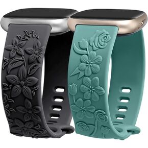 Minyee 2 Pack Floral Engraved Band Compatible with Fitbit Versa 4/Versa 3/Sense 2/Sense Band Women, Cute Embossed Silicone Wildflower Rose Design Soft Sport Fancy Summer Replacement Strap for Versa 4