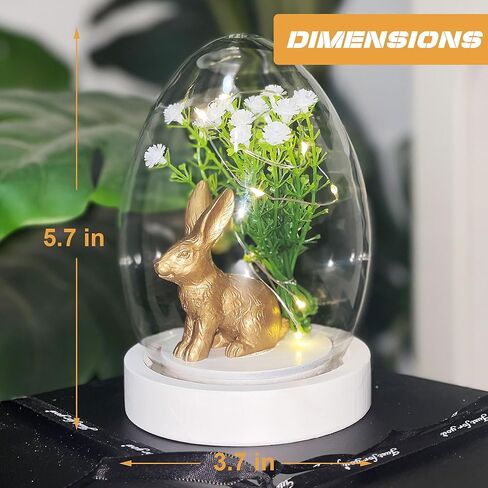 Joliyoou 2 حزم عيد الفصح الحلي منضدية، 5.7 "H الأرنب الراتنج الذهبي مع أضواء سلسلة زهرة في قبة زجاجية شفافة، تماثيل أرنب تعمل بالبطارية للديكور الداخلي هدايا هووسورمينغ in Kuwait