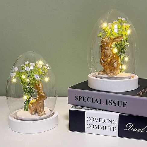 Joliyoou 2 حزم عيد الفصح الحلي منضدية، 5.7 "H الأرنب الراتنج الذهبي مع أضواء سلسلة زهرة في قبة زجاجية شفافة، تماثيل أرنب تعمل بالبطارية للديكور الداخلي هدايا هووسورمينغ in Kuwait