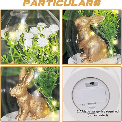 Joliyoou 2 حزم عيد الفصح الحلي منضدية، 5.7 "H الأرنب الراتنج الذهبي مع أضواء سلسلة زهرة في قبة زجاجية شفافة، تماثيل أرنب تعمل بالبطارية للديكور الداخلي هدايا هووسورمينغ in Kuwait