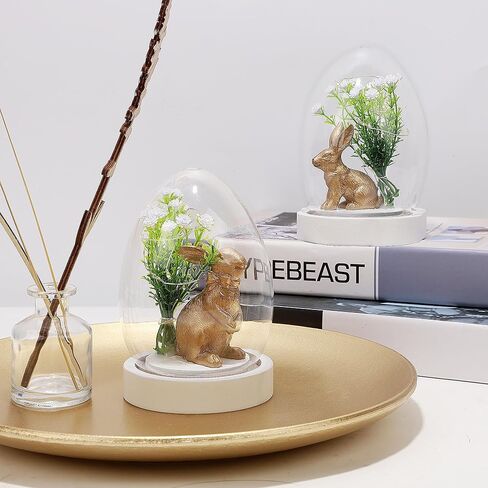 Joliyoou 2 حزم عيد الفصح الحلي منضدية، 5.7 "H الأرنب الراتنج الذهبي مع أضواء سلسلة زهرة في قبة زجاجية شفافة، تماثيل أرنب تعمل بالبطارية للديكور الداخلي هدايا هووسورمينغ in Kuwait