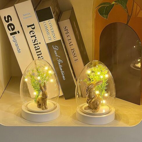 Joliyoou 2 حزم عيد الفصح الحلي منضدية، 5.7 "H الأرنب الراتنج الذهبي مع أضواء سلسلة زهرة في قبة زجاجية شفافة، تماثيل أرنب تعمل بالبطارية للديكور الداخلي هدايا هووسورمينغ in Kuwait