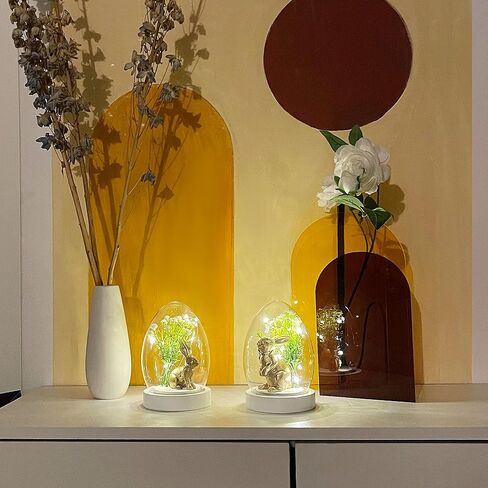 Joliyoou 2 حزم عيد الفصح الحلي منضدية، 5.7 "H الأرنب الراتنج الذهبي مع أضواء سلسلة زهرة في قبة زجاجية شفافة، تماثيل أرنب تعمل بالبطارية للديكور الداخلي هدايا هووسورمينغ in Kuwait