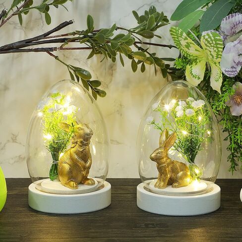 Joliyoou 2 حزم عيد الفصح الحلي منضدية، 5.7 "H الأرنب الراتنج الذهبي مع أضواء سلسلة زهرة في قبة زجاجية شفافة، تماثيل أرنب تعمل بالبطارية للديكور الداخلي هدايا هووسورمينغ in Kuwait