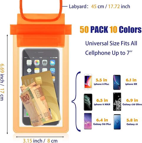 Flutesan 50 Pack Clear Waterproof Phone Pouch Universal Waterproof Phone Case Waterproof Pouch Dry Bag with Lanyard for Water Games Protect in Saudi Arabia
