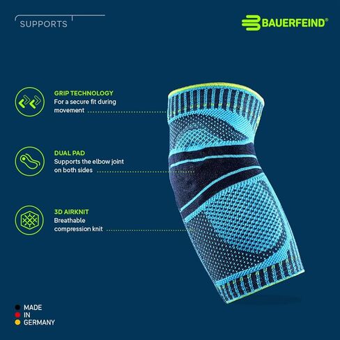 دعم الكوع الرياضي من Bauerfeind - دعامة مرفق ضغط قابلة للتنفس - وسادات محيطة لحماية الكوع الداخلي والخارجي من ضغط المفاصل - نسيج منسوج بالهواء قابل للغسل ومتين (أسود، متوسط) in Saudi Arabia