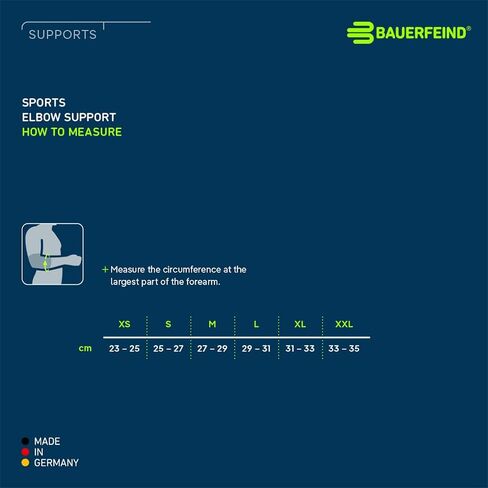 دعم الكوع الرياضي من Bauerfeind - دعامة مرفق ضغط قابلة للتنفس - وسادات محيطة لحماية الكوع الداخلي والخارجي من ضغط المفاصل - نسيج منسوج بالهواء قابل للغسل ومتين (أسود، متوسط) in Saudi Arabia