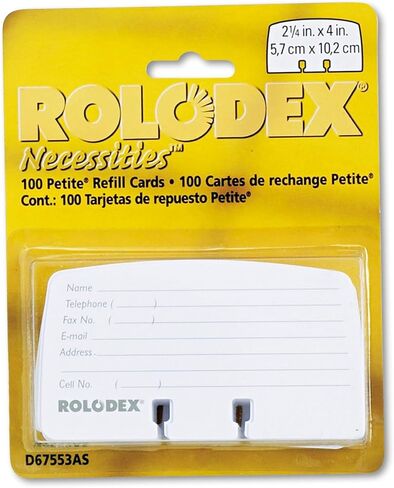 منتجات شركة Rolodex - عبوات البطاقات، لملفات البطاقات الصغيرة، 2-1/4 بوصة × 4 بوصة، 100 بطاقة، أبيض - تباع كقطعة واحدة - عبوات البطاقات مصممة لملفات البطاقات الصغيرة. تتضمن البطاقات خطوطًا متباعدة تحتوي على الاسم والهاتف ورقم الفاكس ومعلومات الاتصال المهم in Kuwait