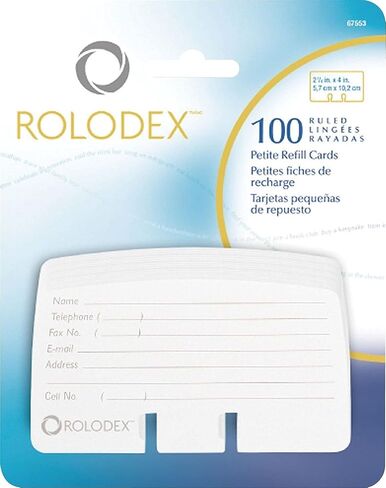 منتجات شركة Rolodex - عبوات البطاقات، لملفات البطاقات الصغيرة، 2-1/4 بوصة × 4 بوصة، 100 بطاقة، أبيض - تباع كقطعة واحدة - عبوات البطاقات مصممة لملفات البطاقات الصغيرة. تتضمن البطاقات خطوطًا متباعدة تحتوي على الاسم والهاتف ورقم الفاكس ومعلومات الاتصال المهم in Kuwait