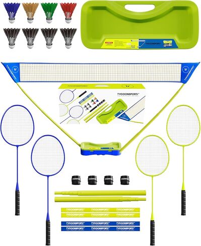 Complete Badminton Set | Portable Badminton Net with Stand 10 x 5 | 4 Badminton Rackets | 4 Over-Grips | 4 Racket Protectors | 8 Badminton Birdies (4 LED & 4 Goose-Feather) | 1 Hard Carry Case in Saudi Arabia