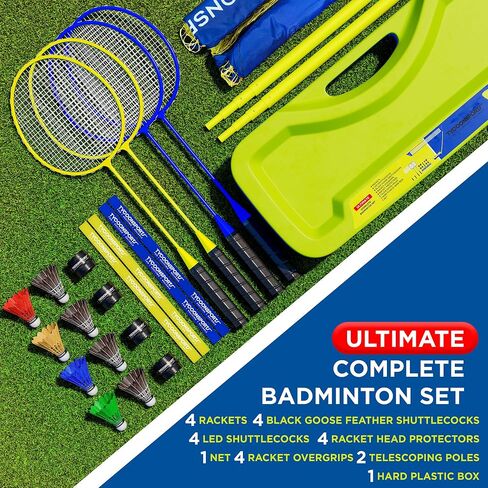 Complete Badminton Set | Portable Badminton Net with Stand 10 x 5 | 4 Badminton Rackets | 4 Over-Grips | 4 Racket Protectors | 8 Badminton Birdies (4 LED & 4 Goose-Feather) | 1 Hard Carry Case in Saudi Arabia
