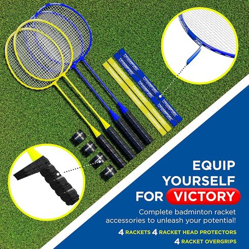 Complete Badminton Set | Portable Badminton Net with Stand 10 x 5 | 4 Badminton Rackets | 4 Over-Grips | 4 Racket Protectors | 8 Badminton Birdies (4 LED & 4 Goose-Feather) | 1 Hard Carry Case in Saudi Arabia