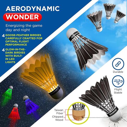 Complete Badminton Set | Portable Badminton Net with Stand 10 x 5 | 4 Badminton Rackets | 4 Over-Grips | 4 Racket Protectors | 8 Badminton Birdies (4 LED & 4 Goose-Feather) | 1 Hard Carry Case in Saudi Arabia