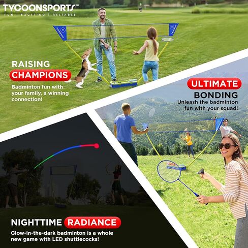 Complete Badminton Set | Portable Badminton Net with Stand 10 x 5 | 4 Badminton Rackets | 4 Over-Grips | 4 Racket Protectors | 8 Badminton Birdies (4 LED & 4 Goose-Feather) | 1 Hard Carry Case in Saudi Arabia