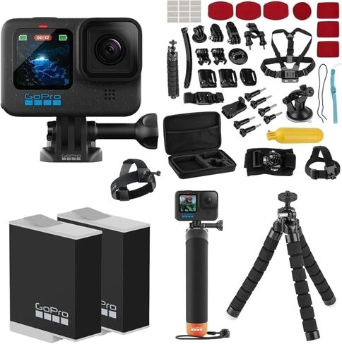 كاميرا GoPro HERO12 Black Action مع حزمة العطلات، 2X بطاريات Enduro قابلة لإعادة الشحن، حزام الرأس 2.0، مقبض Go Pro (مقبض يد عائم)، مشبك تثبيت + برغي إبهام، 40 قطعة Extreme Sport Hero 12 in Kuwait