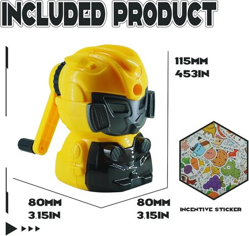 مبراة أقلام رصاص روبوت للأطفال، مبراة أقلام ملونة يدوية للفصل الدراسي، قرطاسية لطيفة مع ملصقات، لوازم مدرسية وهدايا (أصفر) in Kuwait