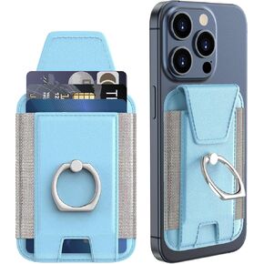 Magnetic Wallet Card Holder for iPhone 15/14/13/12 Series, 360°Rotation Finger Ring Kickstand, RFID Blocking, Store 7 Cards, Cell Phone Sleeves Mag-Safe Wallet, Black