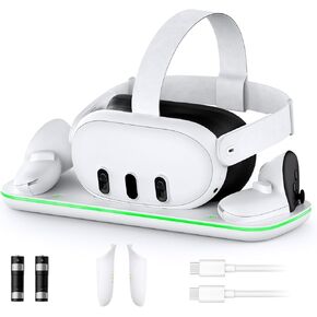NexiGo Charging Dock (Gen 2) for Meta Quest 3, VR Charging Station with LED Light [On/Off] for Oculus Quest 3, Charger Display Stand with 2 Rechargeable Batteries, USB-C Cable, White