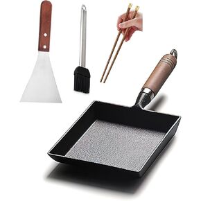 YYMIYU Tamagoyaki Japanese Omelette Pan Cast Iron Wooden Handle 9×7 inch