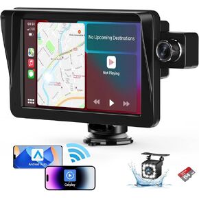 7" Apple Carplay Screen for car, Wireless Apple Car Play Touchscreen with Android Auto, Car Stereo, 2.5K Front Dash Cam, 1080p Backup Camera, GPS Navigator/Bluetooth/Mirror Link/Siri/Aux/FM
