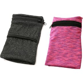 2PCS Outdoor Sports Wrist Wallet Breathable Absorbent Sweatband with Zippered Pocket Elastic Body-Fitting Mini Arm Bag Securely Carry Cell Phone Keys Cash Perfect for Running Walking Jogging Workout
