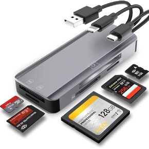 5-in-1 Multi Memory Card Reader,Aluminum SD/TF/CF/MS/M2/Micro SD Card Reader Adapter for i-Phone/i-Pad USB C and USB A Devices,No Application Required Plug and Play