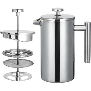 Stainless Steel French Press Coffee Maker, 1 Littre / 1.05 Quart / 8 Cup / 34 Oz, Double Wall Cafetiere Serving Tool, Perfect for Home, Office, Travel & Camping