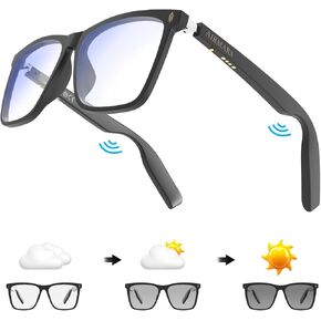 𝐒𝐦𝐚𝐫𝐭 𝐆𝐥𝐚𝐬𝐬𝐞𝐬 with Voice Assistant, Built-in Speaker and Microphone, Photochromic Blue Light Filtering Lenses, UV Protection Bluetooth Sunglasses for Men and Women (Photochromic)