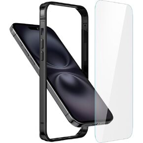 Metal Bumper Case for iPhone 16,Aluminum Frame Case [Soft Inner Bumper][Raised Edge Protection] Shockproof Bumper with HD Tempered Glass Screen Protector Cover for iPhone 16 6.1 inch, Titanium Grey