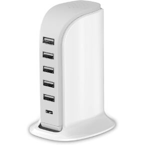 Charging Station for Multiple Devices 40W Upoy, Wall Charger Block 5 USB Ports(Shared 6A), USB Charging Hub Smart IC, Charger Tower with Type-C 3A for iPhone iPad Tablets Smartphones, Home Office Use